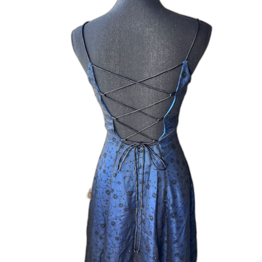 Size 6 Y2K Vintage Morgan and Co goth dress blue blk mesh burnout velvet (10433)
